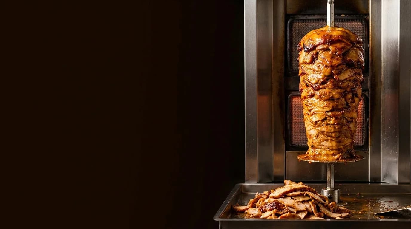 Dikey döner ocağında döner şişi; altındaki tepside yeni kesilmiş dilimler